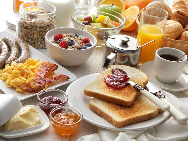 A table filled with breakfast items.