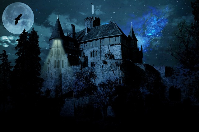 Mysterious haunted castle enveloped in fog.