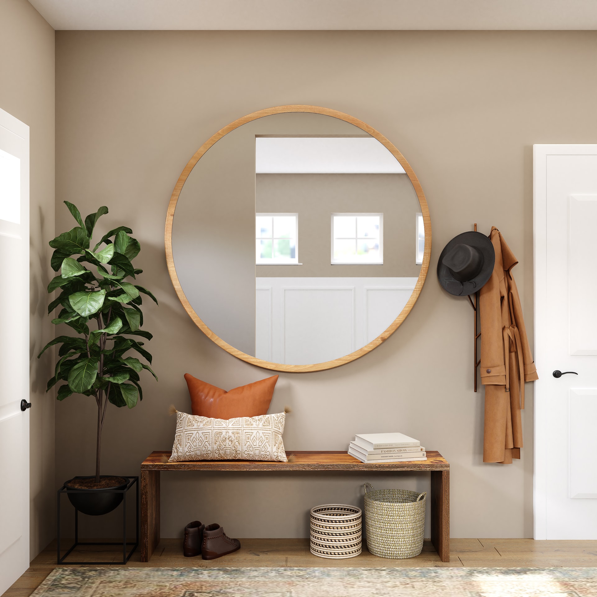 A hallway mirror with a bench and coat rack.