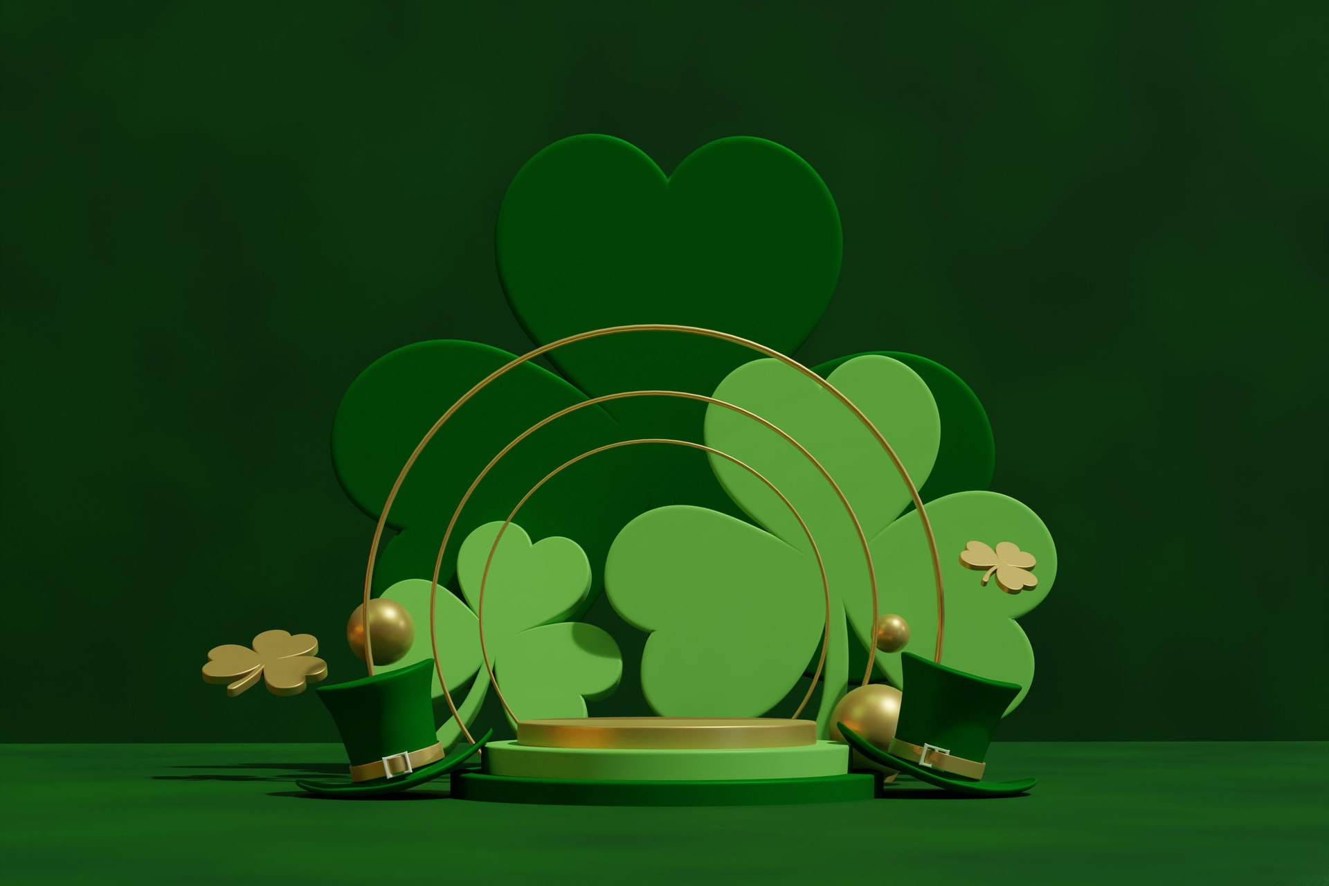 Hats and shamrocks on a green background.