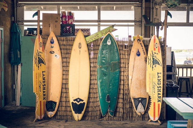 Surfboards on display.